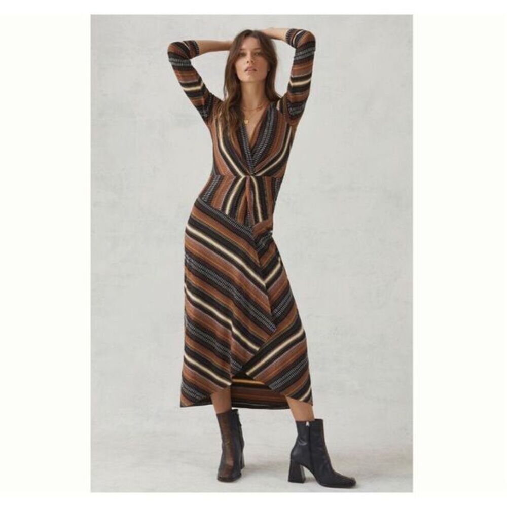 Anthropologie Brown Multi Striped Twist-Front Midi Dress
